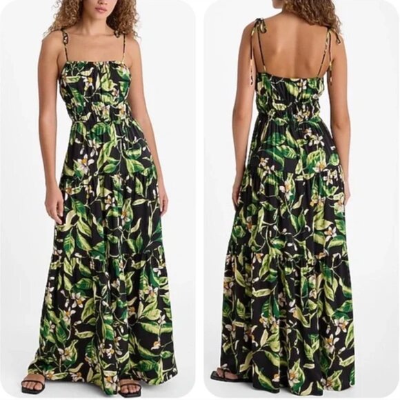 Express – Floral Square-Neck Spaghetti-strap Tie-Shoulder Ruched Tiered Maxi, XL - Picture 2 of 8